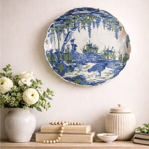 Vintage Blue White Chinoiserie Wall Plate • Pheasant Garden • 11”. G13